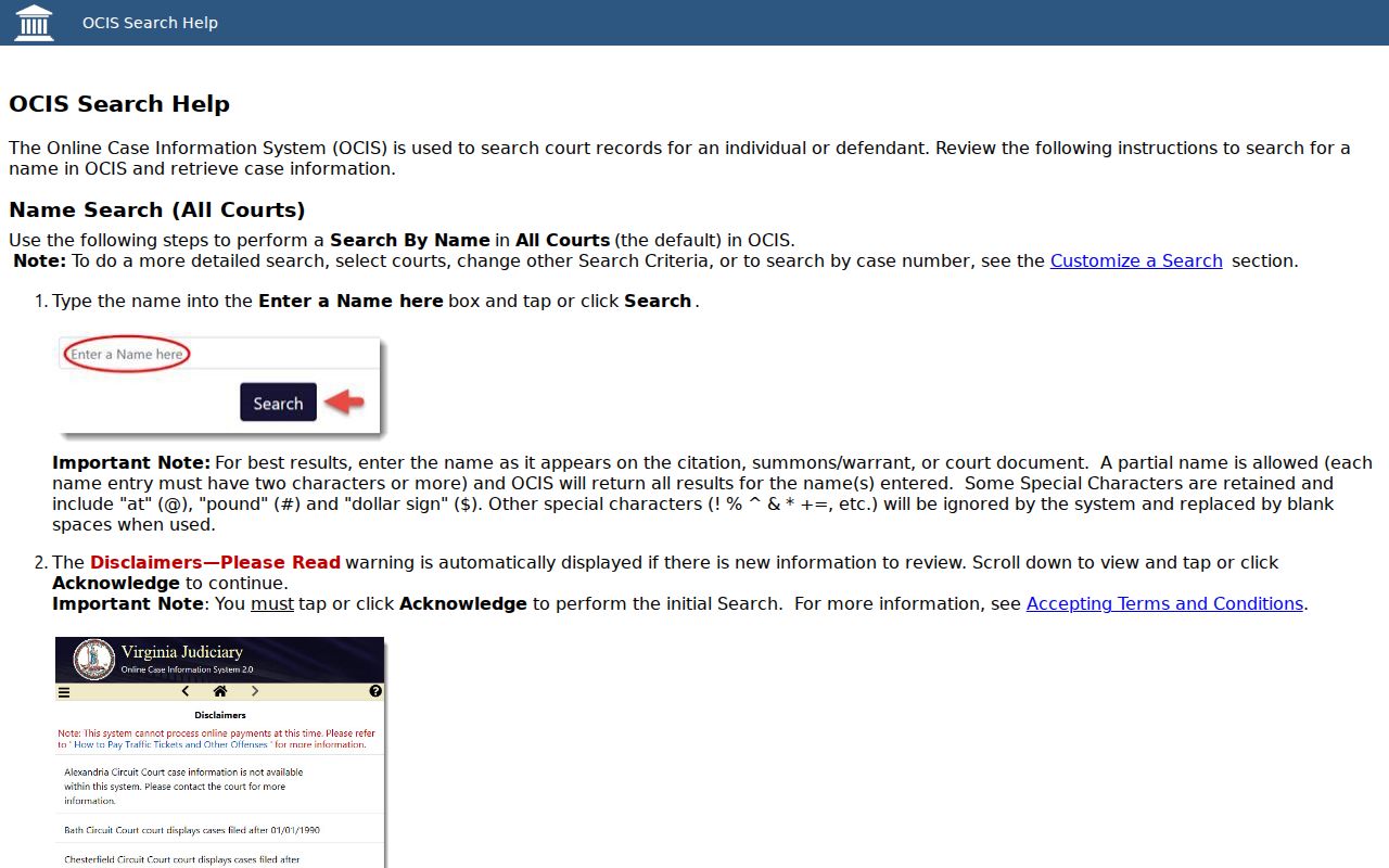 Grayson County warrant search fields in Virginia OCIS name and case-number help