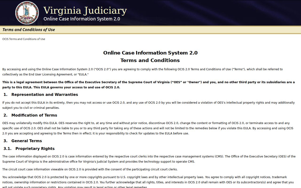 Grayson County warrant lookup using the Virginia OCIS terms and search landing page