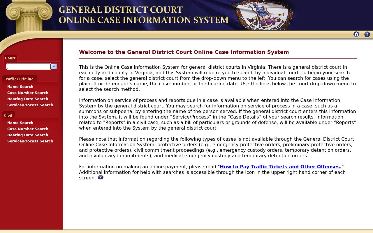 Grayson County warrant search using the General District Court case-selection screen