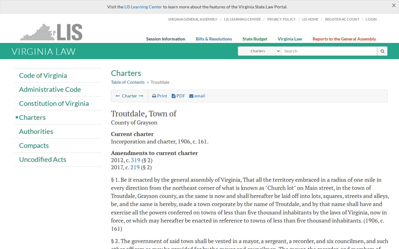 Grayson County Troutdale warrant research using the official town charter