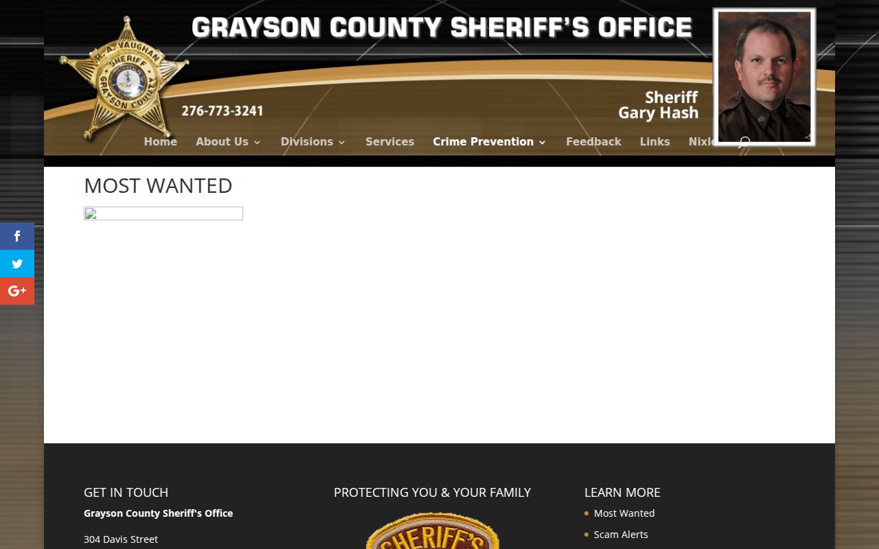Grayson County Most Wanted page interface with no public warrant roster shown